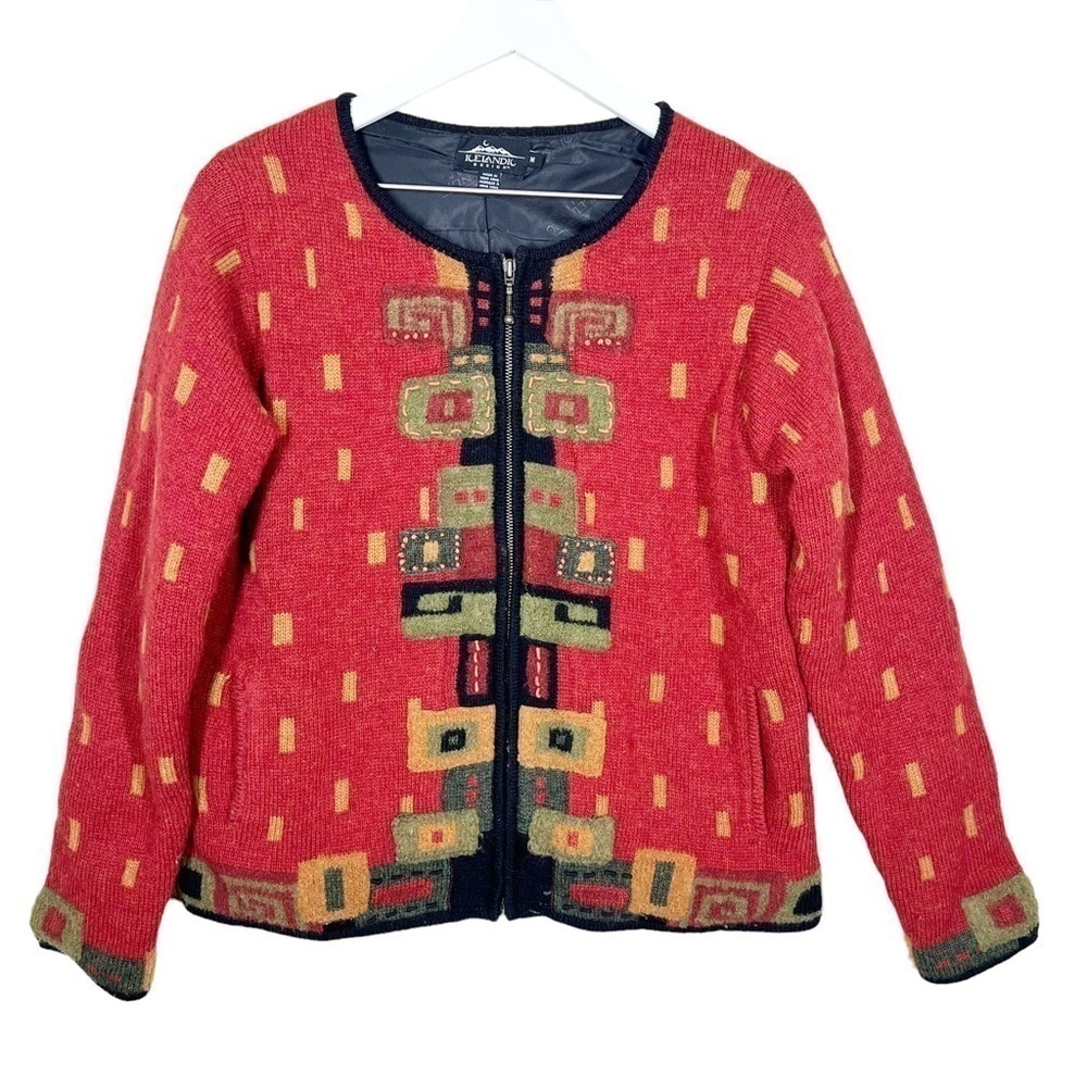 Icelandic Design Multicolor Wool Zip Up Sweat Jacket Embroidered Size Medium